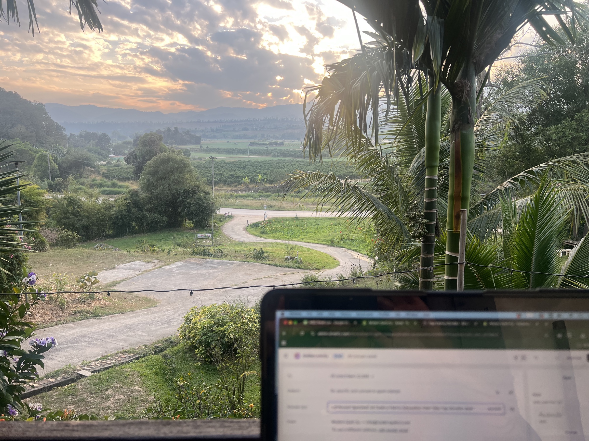 Lizzy East working on a laptop outdoors, jungle and river behind her