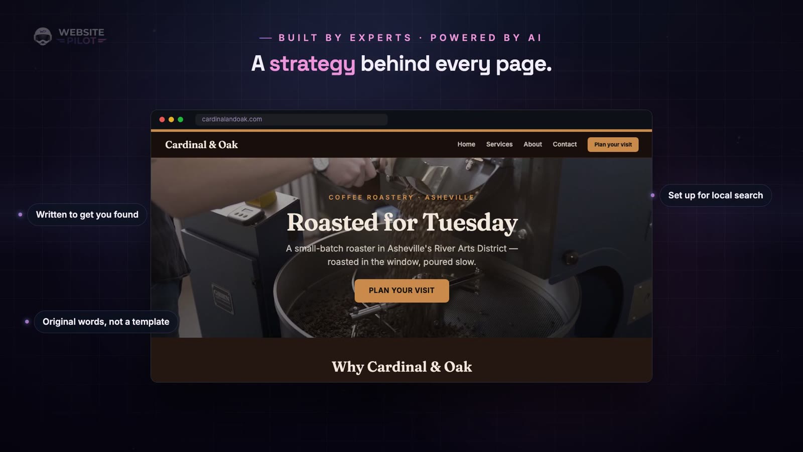 A finished home page with callouts showing the strategy behind each element