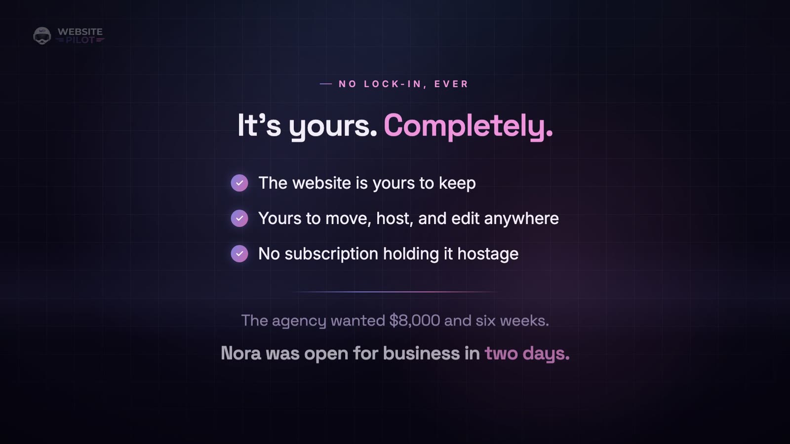 It's yours, completely: the website is yours to keep, move, host, and edit anywhere, with no subscription holding it hostage